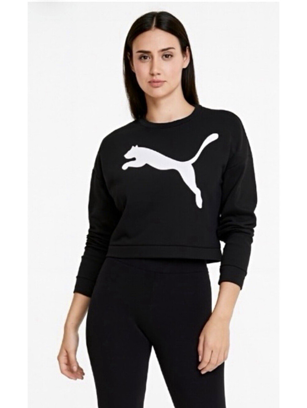 PUMA DryCELL Women's Black/White Logo Crew Neck Fleece Sweatshirt Size XL